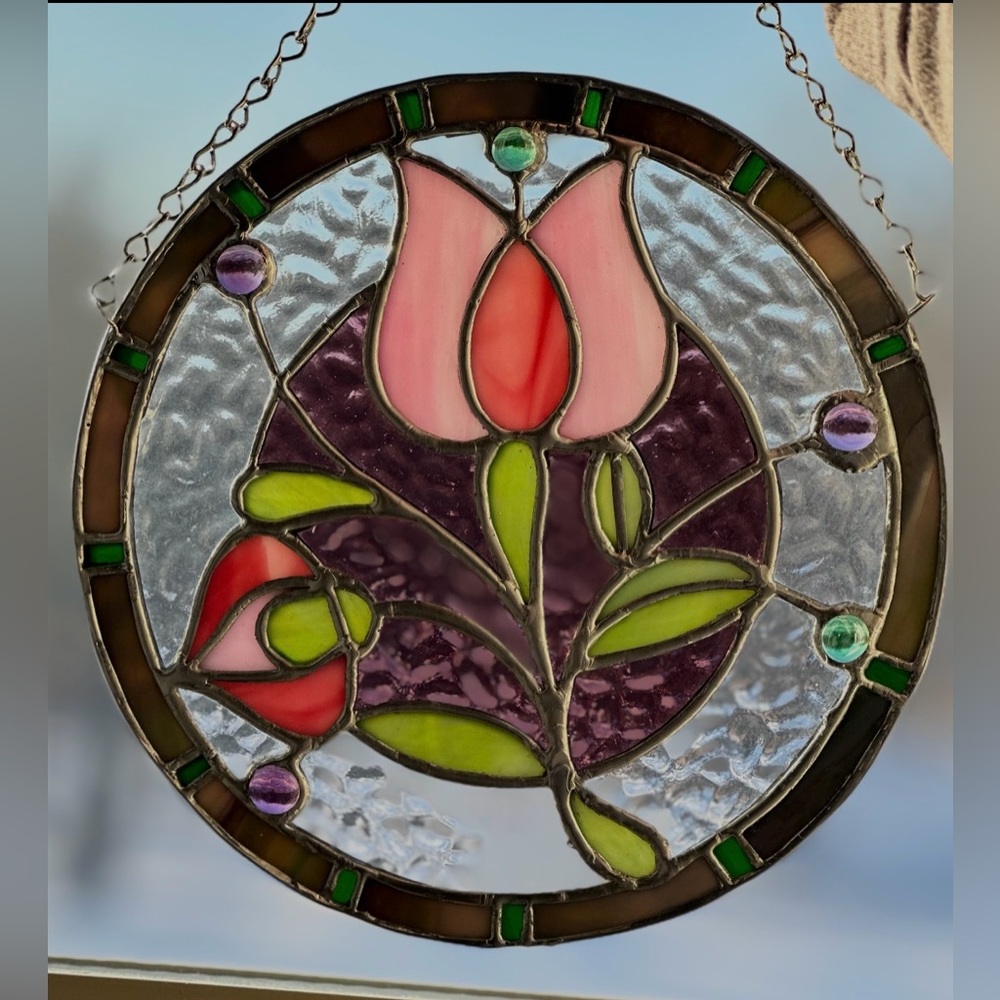 Handmade Stained Glass Tulip.  Hanging Sun Catcher